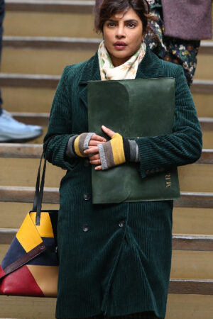 Priyanka Chopra Jonas It’s All Coming Back to Me Green Corduroy Trench Coat