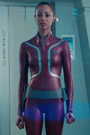 Zoe Saldana Star Trek Beyond Uhura Maroon Leather Jacket