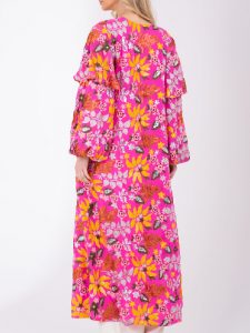 Pink Floral Pink Long Jacket With Tiered Sleeves