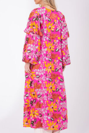 Pink Floral Pink Long Jacket With Tiered Sleeves
