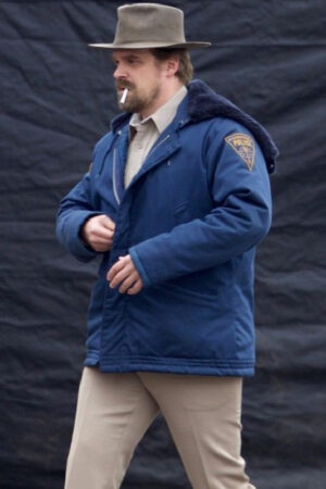 David Harbour Stranger Things Jim Hopper Blue Fur Hooded Jacket