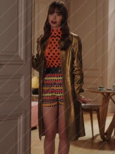 Emily in Paris Season 3 Lily Collins Golden Leather Coat