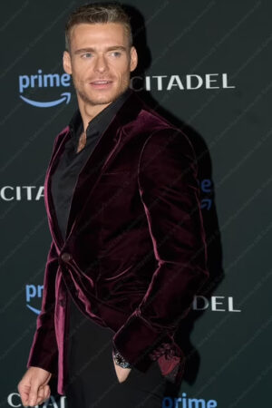 Citadel Season 01 Premier Richard Madden Maroon Velvet Blazer