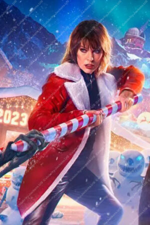 Milla Jovovich World Of Tanks Holiday Ops 2023 Red Shearling Coat
