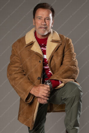Arnold Schwarzenegger World Of Tanks Holiday Ops 2023 Brown Shearling Jacket