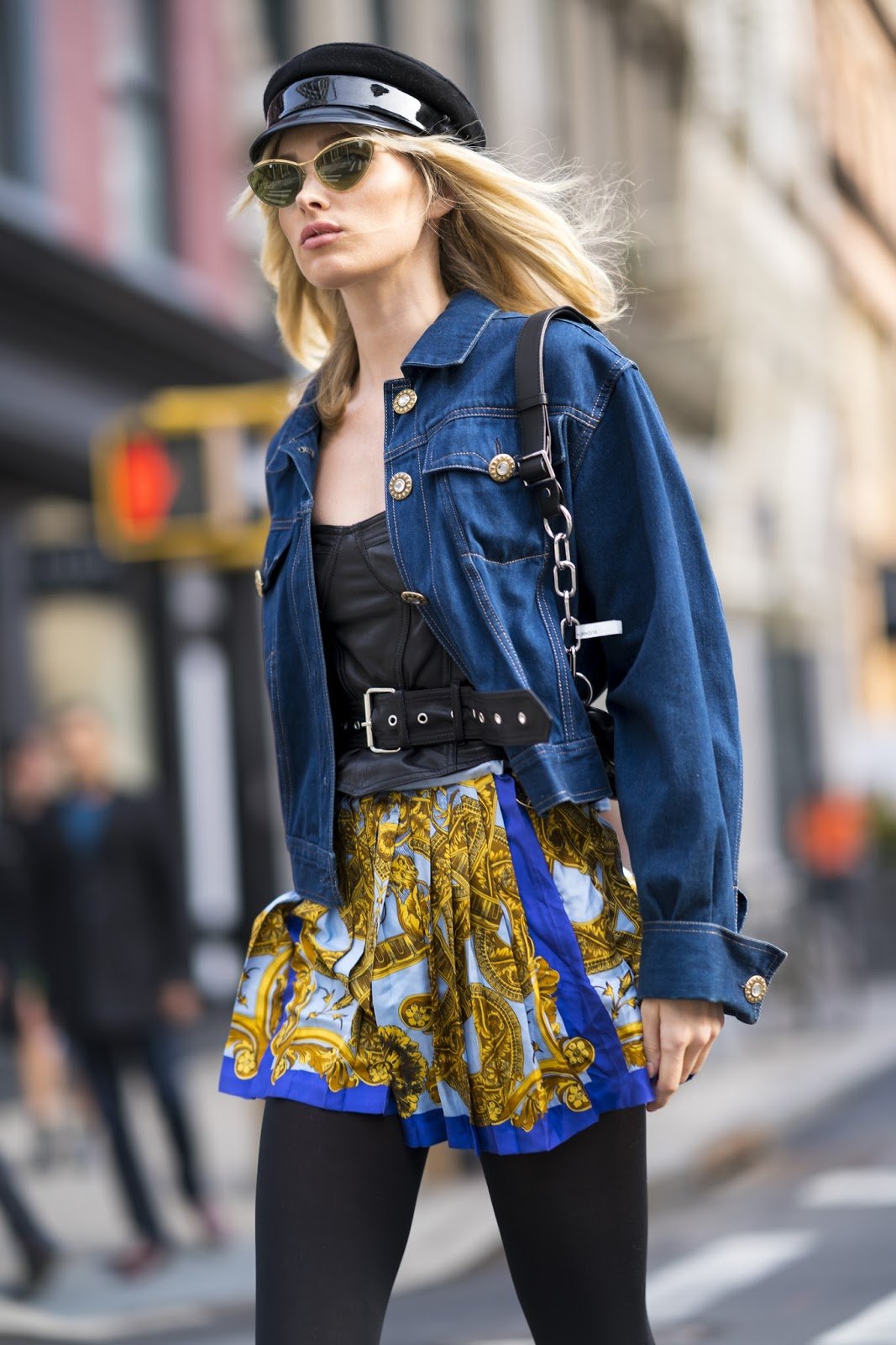Elsa Hosk Model Street Style Blue Denim Cropped Jacket.