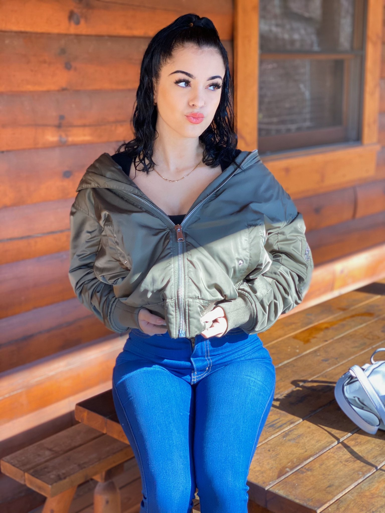 Malu Trevejo Cuban Singer Grey Nylon Hooded Varsity Jacket Malu Trevejo Cuban Singer Grey Nylon Hooded Varsity Jacket