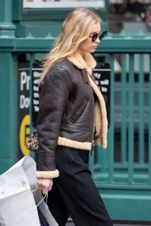 Model Elsa Hosk New York Black Shearling Jacket.