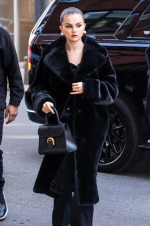 Rare Beauty Event 2023 Selena Gomez Black Faux Fur Coat.