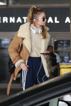 Stella Maxwell Los Angeles Suede Leather Shearling Jacket.