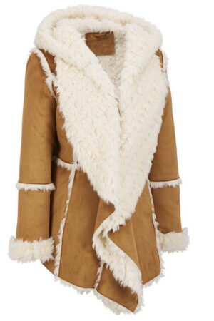 Womens Brown Fur Suede Overcoat With Hood