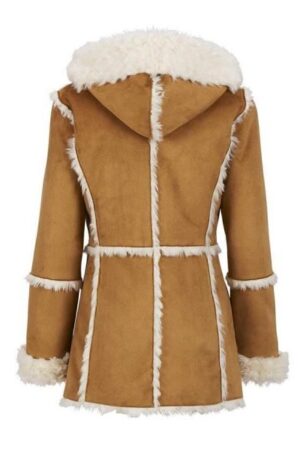 Womens Brown Fur Suede Overcoat With Hood.