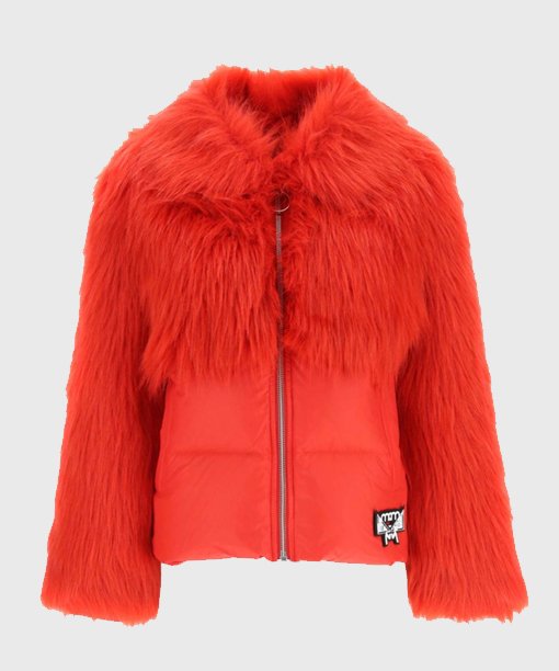 Women’s Faux Fur Detachable Mcm Logo Red Patch Puffer Jacket
