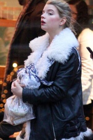 Black Leather Anya Taylor Joy Fur Jacket.