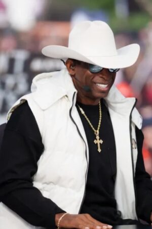 Deion Sanders College Gameday 2023 White Hooded Puffer Vest.