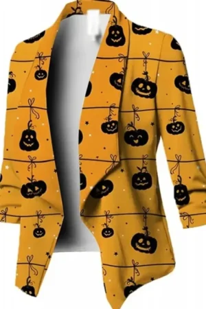 Halloween 2023 Black & Yellow Pumpkin Printed Blazer For Sale