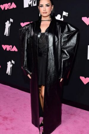 Vma 2023 Demi Lovato Black Oversized Leather Coat