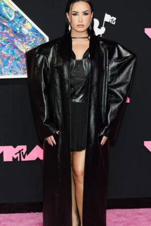 Vma 2023 Demi Lovato Black Oversized Leather Coat.