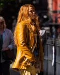 It Ends With Us 2024 Blake Lively Mustard Leather Coat.