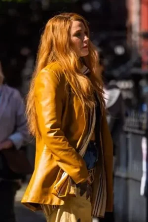 It Ends With Us 2024 Blake Lively Mustard Leather Coat.