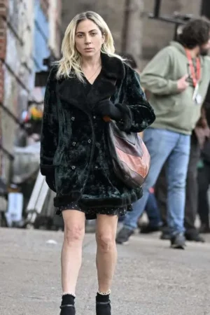 Harley Quinn Joker 2 Lady Gaga Shearling Black Velvet Coat.