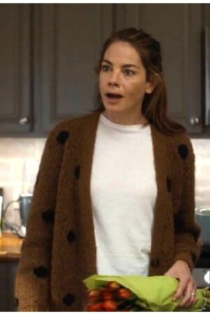 Jessica Morgan The Family Plan 2023 Michelle Monaghan Brown Polka Dot Cardigan