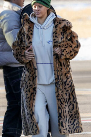Rihanna Leopard Print Hooded Fur Coat