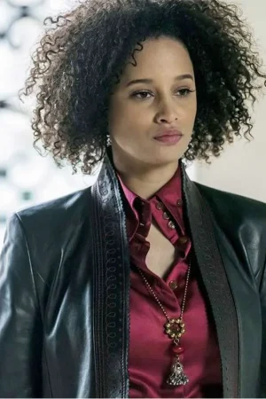 Juliette Durand A Discovery Of Witches Elarica Johnson Black Leather Coat.