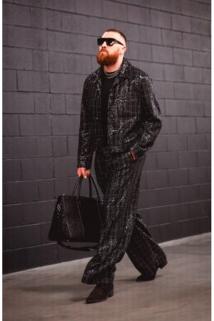 Super Bowl 2024 Travis Kelce Black Shimmery Suit.