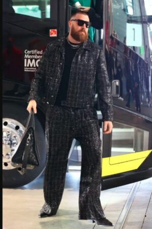 Super Bowl 2024 Travis Kelce Black Shimmery Suit