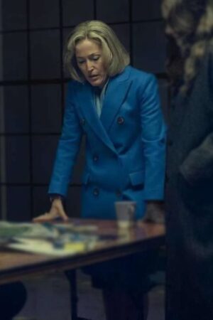 Emily Maitlis Scoop 2024 Gillian Anderson Blue Trench Coat
