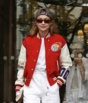 Gigi Hadid Red Wool Varsity Jacket With Leather Sleeves
