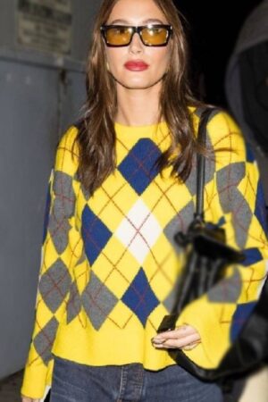 Hailey Bieber Yellow Argyle Wool Sweater
