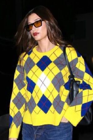 Hailey Bieber Yellow Argyle Wool Sweater.