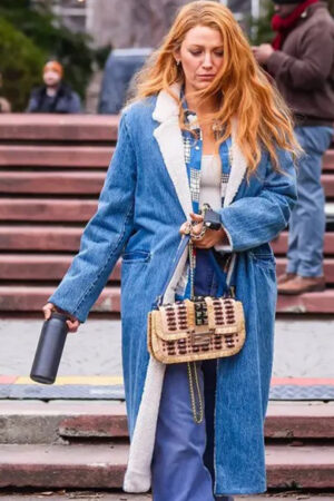 Lily Film It Ends With Us 2024 Blake Lively Blue Denim Shearling Coat.