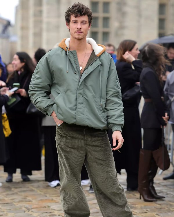 Shawn-Mendes-the-Loewe-Show-2024-Green-Hooded-Bomber-Jacket-California-Outfits