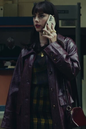 Susie Glass Series The Gentlemen 2024 Kaya Scodelario Burgundy Leather Coat