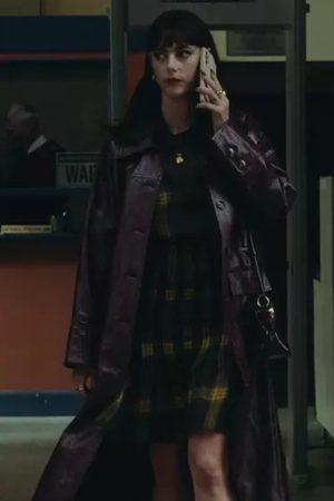 Susie Glass Series The Gentlemen 2024 Kaya Scodelario Burgundy Leather Coat.