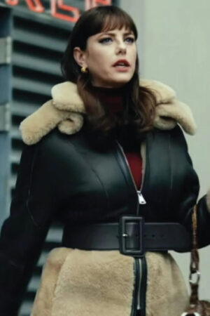 Susie Glass The Gentlemen 2024 Kaya Scodelario Belted Shearling Trim Leather Coat
