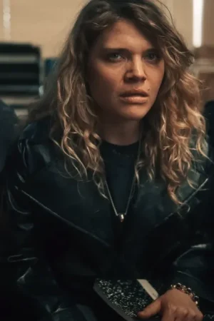 Beatrix Villains Incorporated 2024 Movie Mallory Everton Faux Leather Black Coat.