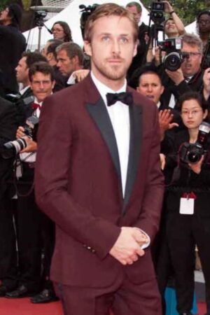 Cannes International Film Festival Ryan Gosling Red Carpet Burgundy Tuxedo.