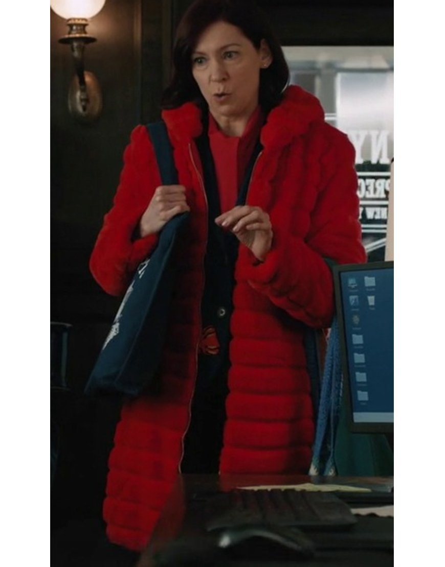 Elsbeth Tascioni Series Elsbeth 2024 Carrie Preston Red Hooded Puffer Fur Coat