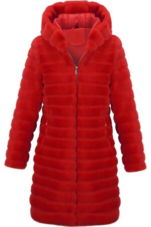 Elsbeth Tascioni Series Elsbeth 2024 Carrie Preston Red Hooded Puffer Fur Coat.