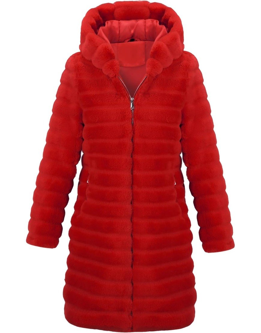 Elsbeth Tascioni Series Elsbeth 2024 Carrie Preston Red Hooded Puffer Fur Coat.