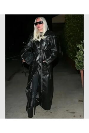 Lady Gaga Retrofete Fall 2024 Black Leather Trench Coat.