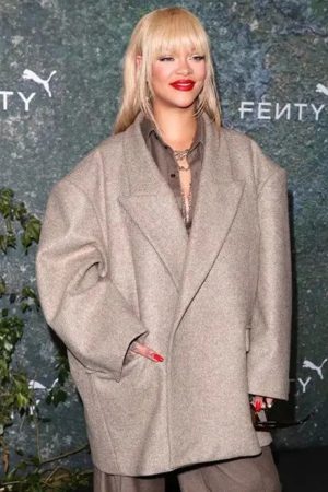 Rihanna Launch Party 2024 In Monochrome Oversized Coat.