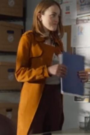 Sarah Murphree Movie Killer Fortune Teller 2024 Olivia Brown Belted Wrap Coat.