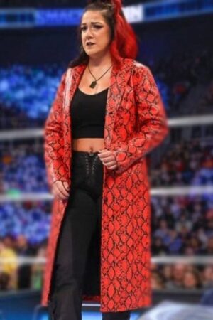 WWE Smackdown Bayley Python Print Red Faux Leather Trench Coat