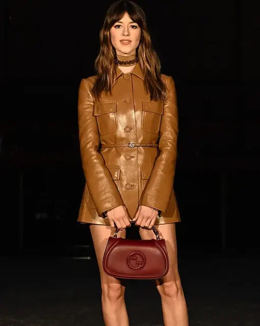 Daisy Edgar Gucci Cruise 2025 Camel Faux Leather Coat.