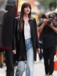 Dakota Johnson Movie Materialists 2024 Black Leather Coat.